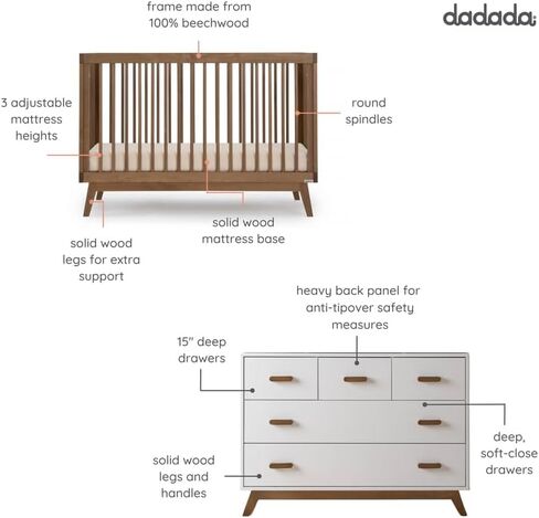 Dadada Soho مجموعة أثاث حضانة الأطفال. سرير الأطفال وخلصة مجموعة مجموعة. Soho 3 في 1 سرير قابل للتحويل و 5 درج الحضانة. خشب الزان الأبيض والطبيعي in Kuwait
