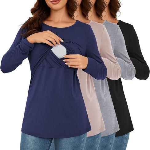 Liu & Qu 4-Pack Womens Nursing Tops Long Sleeve Breastfeeding Shirts Double Layer Fall Maternity Clothes in Kuwait