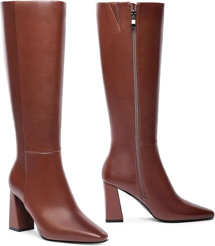 Meolee Knee High Boots for Women Square Toe Chunky High Heel Tall Boots Fashion Long Boots with Side Zipper in Saudi Arabia