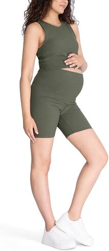 Motherhood Maternity Women's Ribbed Over The Belly Biker Shorts and Crop Racerback Workout Tank Top Pregnancy Set, Opal, X-Small in Saudi Arabia