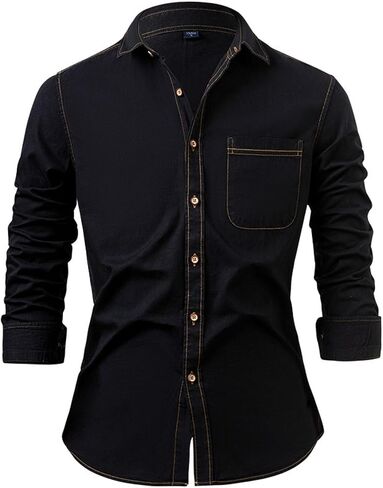 Denim Dress Shirt Men Long Sleeve Button Down Business Shirt Slim Fit Casual Dress Shirts in Saudi Arabia
