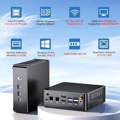 Mini PC I9 ، Desktop Computer Core I9-12900H ، 14 النوى يصل إلى 5.0 جيجا هرتز ، وين -11 برو ، 64 جرام DDR4 ، 2T M.2 PCIE4 in Kuwait