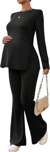 Makemechic النسائية الأمومة من قطعتين مجموعات طاقم عنق بلوزة طويلة الأكمام وملابس الحمل الساق المزدهر in Kuwait