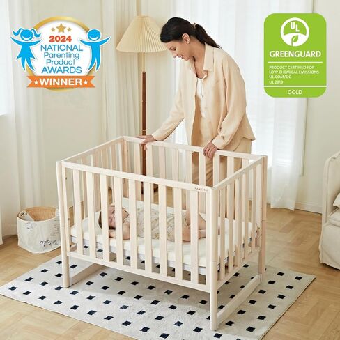 EvoNook 6-in-1 Convertible Mini Crib, 100% New Zealand Wood, 4 Adjustable Mattress Heights, Crib with Mattress, Washed Natural in Kuwait