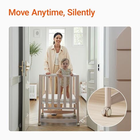 EvoNook 6-in-1 Convertible Mini Crib, 100% New Zealand Wood, 4 Adjustable Mattress Heights, Crib with Mattress, Washed Natural in Kuwait