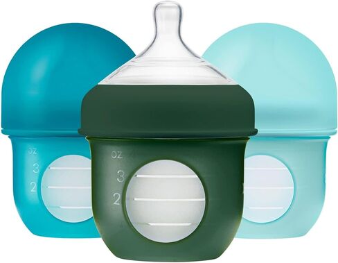 Boon Nursh Reusable Silicone Pouch Baby Bottles - Slow Flow Nipple - Silicone Baby Bottle Pouch and Nipple - Baby Feeding Essentials - Color Block - 0-3 Months - 3 Count - 4 Ounce in Kuwait