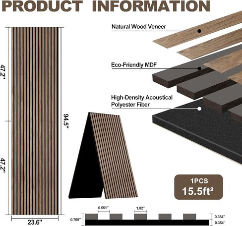 AKK-PANE Acoustic Folding Wood Slat Wall Panels, 94.5" x 23.6" 15.5ft² for Interior Wall Decor, Sound Absorbing Slat Wall Paneling, Fluted Wall Wood Panels for Stylish Spaces Noise Reduction(Walnut) in Saudi Arabia