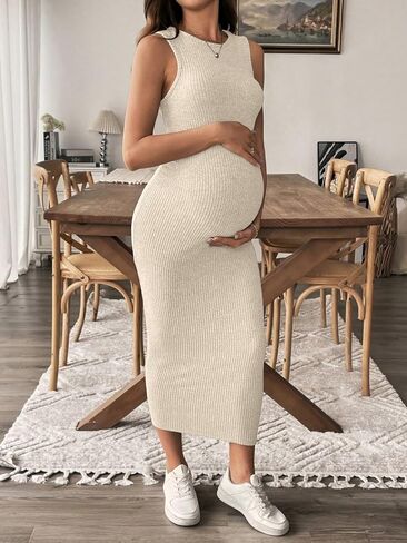 MakeMeChic Women's Maternity Dress Sleeveless Pregnancy Tank Crew Neck Casual Bodycon Maxi Dresses in Saudi Arabia