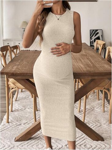 MakeMeChic Women's Maternity Dress Sleeveless Pregnancy Tank Crew Neck Casual Bodycon Maxi Dresses in Saudi Arabia