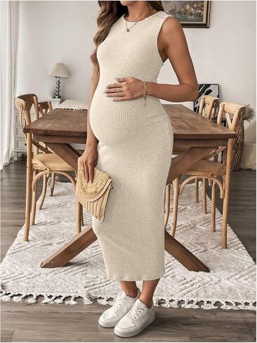 MakeMeChic Women's Maternity Dress Sleeveless Pregnancy Tank Crew Neck Casual Bodycon Maxi Dresses in Saudi Arabia