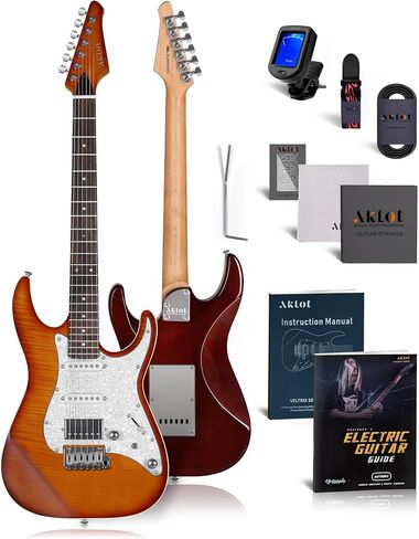 AKLOT Veltrix Electric Guitar Kit: Roasted Maple Neck with Rosewood Fingerboard, Flame Maple Top, Lock Tuners, HSS Alnico 5 Pickups, Coil-Split Switch, 2-Point Tremolo System, Gig Bag, Inferno Burst in Saudi Arabia