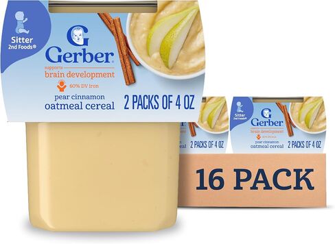 Gerber Stage 2 Baby Food, Pear Cinnamon Oatmeal Cereal Tubs, Iron Helps Support Brain Development, No Added Colors or Flavors, Baby Oatmeal, 16-Pack in Saudi Arabia