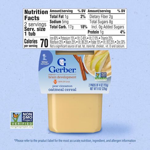 Gerber Stage 2 Baby Food, Pear Cinnamon Oatmeal Cereal Tubs, Iron Helps Support Brain Development, No Added Colors or Flavors, Baby Oatmeal, 16-Pack in Saudi Arabia