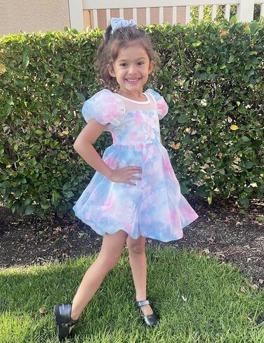 Arshiner Toddler Girls Dress Contrast Mesh Puff Short Sleeve Flowy Bubble Hem Organza Casual Party Dresses Size 2-6 in Saudi Arabia