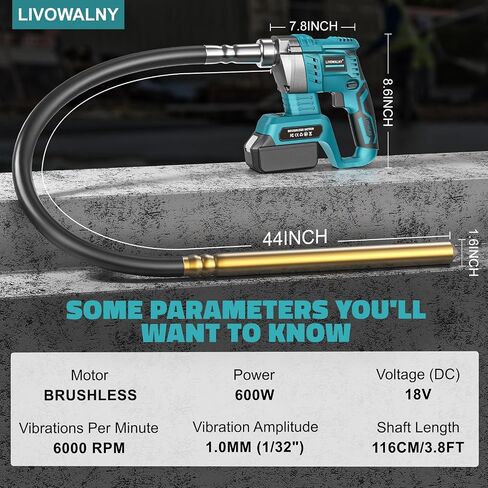 LIVOWALNY Handheld Concrete Vibrating Tool Compatible with Dewalt 20V Battery, 600W Cordless Electric Concrete Vibrator with 3.8ft Shaft Rod,6000RPM Portable Pencil Cement Vibrarator Remove Air Bubble in Kuwait