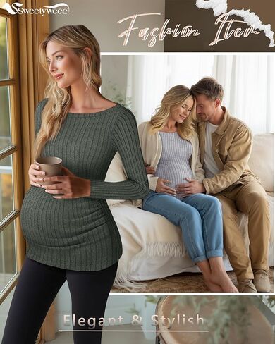 3 Pack Women's Maternity Shirts Long Sleeve Fitted Pregnancy Tops Boat Neck Ribbed Knit Casual Mama Sweaters in Kuwait