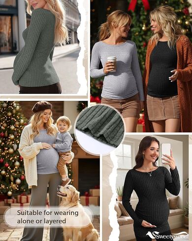 3 Pack Women's Maternity Shirts Long Sleeve Fitted Pregnancy Tops Boat Neck Ribbed Knit Casual Mama Sweaters in Kuwait