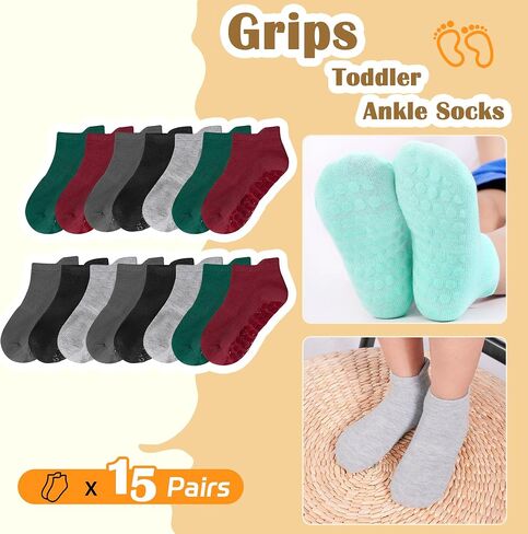 Toddler Non Slip Socks, Kids Grip Ankle Socks, Anti Skid Sock 15 Pairs for Active Boys Girls Kids 6 Months-7 Years in Saudi Arabia