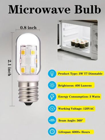 مصباح فرن الميكروويف 3W 2-pack-E17 LED مقاوم للحرارة قابلة لل dimmable (400 لومن ، 85+ CRI ، 6000k أبيض بارد) ، عمر 6000 هر للباس ، جالانز ومعظم الميكروويف in Saudi Arabia