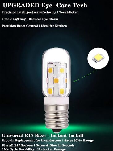 مصباح فرن الميكروويف 3W 2-pack-E17 LED مقاوم للحرارة قابلة لل dimmable (400 لومن ، 85+ CRI ، 6000k أبيض بارد) ، عمر 6000 هر للباس ، جالانز ومعظم الميكروويف in Saudi Arabia