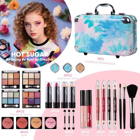 Hot Sugar Makeup Kit for Girls 10-12, Teen Girls Makeup Set for Beginners With Eye Shadow Palette, Blush, Lip Gloss, Brush, Mirror (Black Bubble) in Kuwait