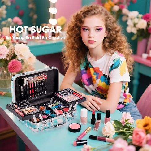 Hot Sugar Makeup Kit for Girls 10-12, Teen Girls Makeup Set for Beginners With Eye Shadow Palette, Blush, Lip Gloss, Brush, Mirror (Black Bubble) in Kuwait