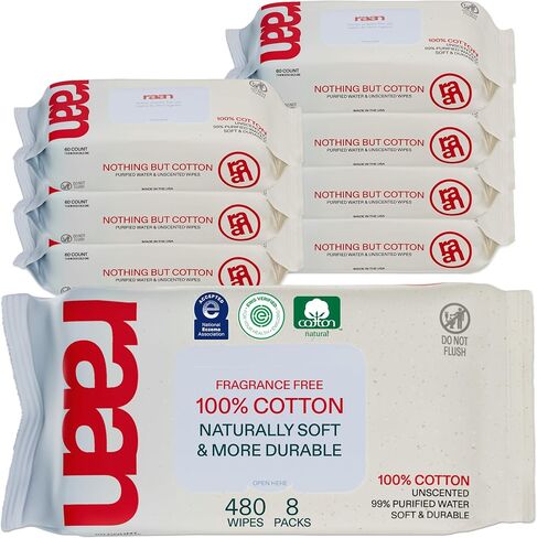 Raan ، 100 ٪ مناديل Cotton Baby & Toddler ، غير محسوس ، 99 ٪ من الماء النقي ، غير معقوف ، تم التحقق من EWG ، مصنوع من الجلد الحساس ، ناعم ودائم ، 4 حزمة ، 240 عدد in Saudi Arabia