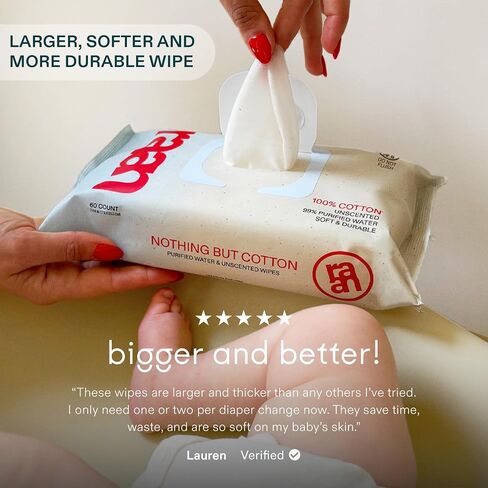 Raan ، 100 ٪ مناديل Cotton Baby & Toddler ، غير محسوس ، 99 ٪ من الماء النقي ، غير معقوف ، تم التحقق من EWG ، مصنوع من الجلد الحساس ، ناعم ودائم ، 4 حزمة ، 240 عدد in Saudi Arabia