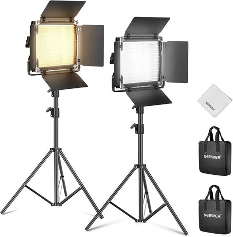 NEEWER 18" LED Video Light Panel Photography Lighting Kit with Tripod Stand Remote Cleaning Cloth, 2 Pack 45W Dimmable Bi Color Soft Studio Key Light 3200K-5600K CRI97+ 4800Lux for Streaming Recording in Saudi Arabia