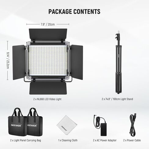 NEEWER 18" LED Video Light Panel Photography Lighting Kit with Tripod Stand Remote Cleaning Cloth, 2 Pack 45W Dimmable Bi Color Soft Studio Key Light 3200K-5600K CRI97+ 4800Lux for Streaming Recording in Saudi Arabia