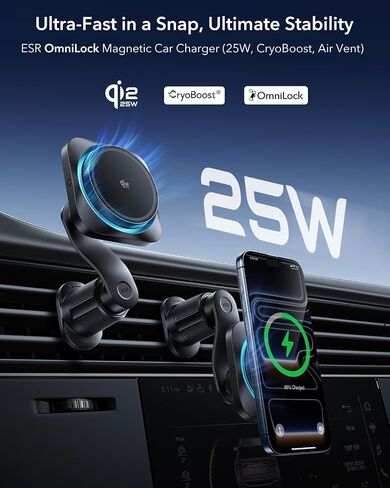ESR Omnilock qi2 25w Magsafe Car Mount Charger مع cryoboost ، شاحن سيارة Magsafe تبريد الهاتف ، مقطع ترقيته ، حامل هاتف السيارة المغناطيسي للهواء من أجل iPhone 17/16/15/14/13/12 ، Pixel 10 ، 360 ° Rotatable in Saudi Arabia