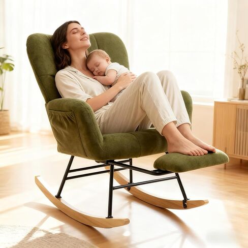 KEEZY Rocking Chair Nursery,Upholstered Glider Chair Padded Seat with High Backrest,Reading Chair,Armchair Comfy Side Chair for Living Room Bedroom Offices (Green) in Saudi Arabia