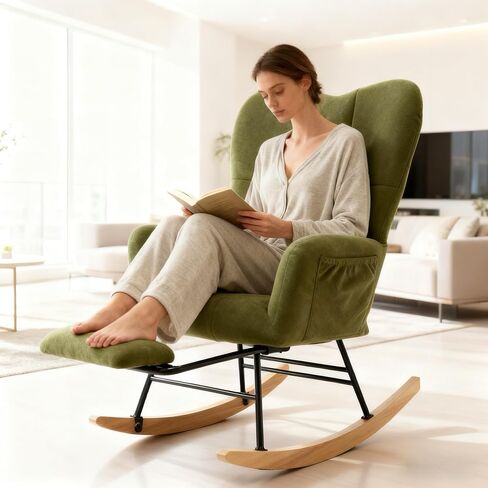 KEEZY Rocking Chair Nursery,Upholstered Glider Chair Padded Seat with High Backrest,Reading Chair,Armchair Comfy Side Chair for Living Room Bedroom Offices (Green) in Saudi Arabia
