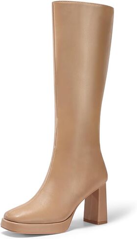 Coutgo Women’s Knee High Boots Platform Chunky High Heel Square Toe Side Zipper Gogo Boots Shoes in Saudi Arabia