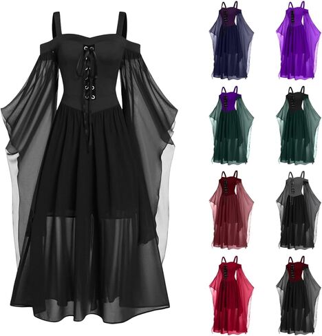 Women Witch Dress Plus Size Vampire Costume Halloween Cosplay Bat Sleeve Mesh Renaissance Medieval Gothic Dress in Saudi Arabia