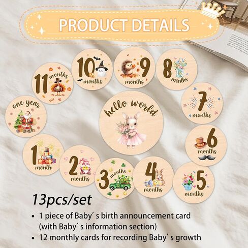 Baby Monthly Milestone Cards Sign - Double Sided Wooden Milestone Cards with Rainbow Design, Wooden Circles Discs for Photo Props Birth Announcement Board, Baby Shower/Gift Newborn Sign Set(13pcs) in Saudi Arabia