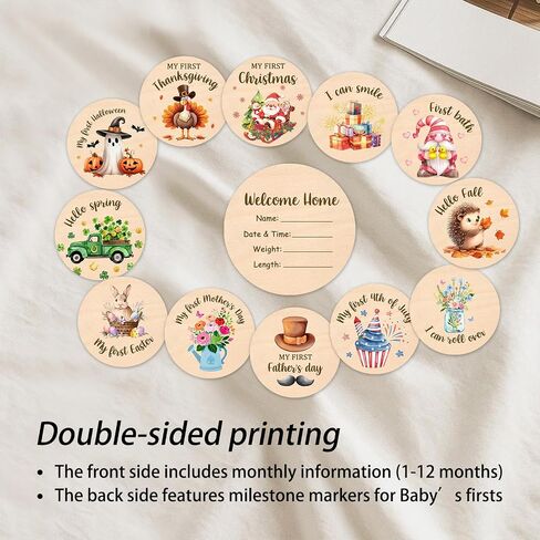 Baby Monthly Milestone Cards Sign - Double Sided Wooden Milestone Cards with Rainbow Design, Wooden Circles Discs for Photo Props Birth Announcement Board, Baby Shower/Gift Newborn Sign Set(13pcs) in Saudi Arabia
