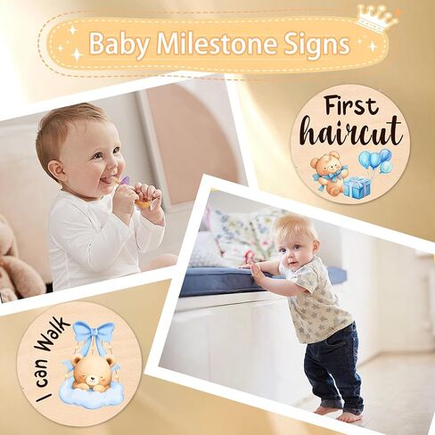 Baby Monthly Milestone Cards-13 علامات مرتبة خشبية على الوجهين على الوجهين مع تصميمات الدب والنجوم ، وبطاقات إعلان الولادة الصغيرة الدببة لدعائم الصور (0-12 شهرًا) ، وتوقيع الطفل الجديد دش الطفل in Kuwait