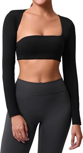 ABOCIW Womens Square Neck Long Sleeve Workout Crop Tops with Built in Bra Slim Fit Cutout Back Gym Yoga Athletic Shirts in Saudi Arabia