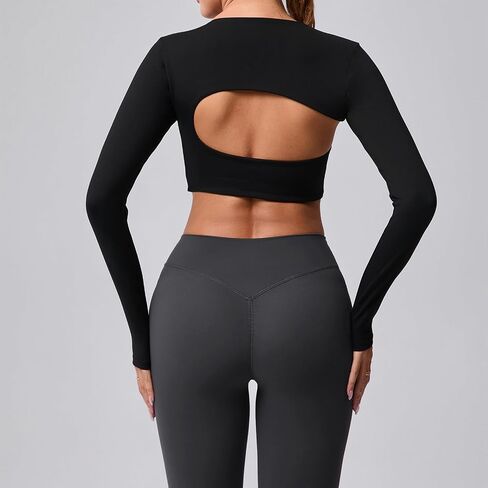 ABOCIW Womens Square Neck Long Sleeve Workout Crop Tops with Built in Bra Slim Fit Cutout Back Gym Yoga Athletic Shirts in Saudi Arabia