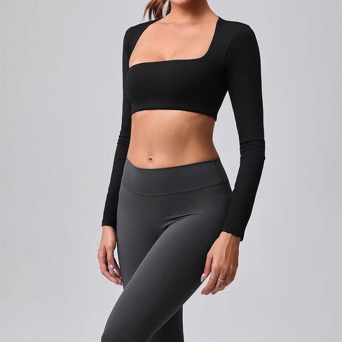 ABOCIW Womens Square Neck Long Sleeve Workout Crop Tops with Built in Bra Slim Fit Cutout Back Gym Yoga Athletic Shirts in Saudi Arabia