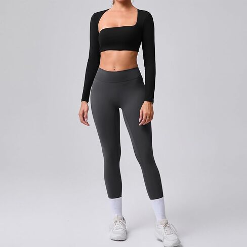 ABOCIW Womens Square Neck Long Sleeve Workout Crop Tops with Built in Bra Slim Fit Cutout Back Gym Yoga Athletic Shirts in Saudi Arabia