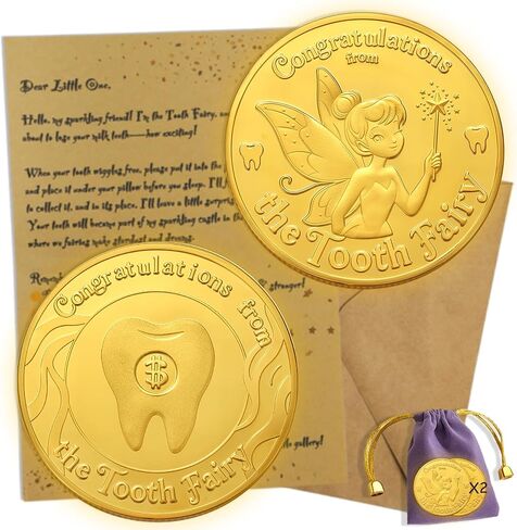 Tooth Fairy Gifts for Boys & Girls,Tooth Fairy Coins Keepsake Kit, Golden Coins with Tooth Pouch,Letter from Tooth Fairy in Kuwait