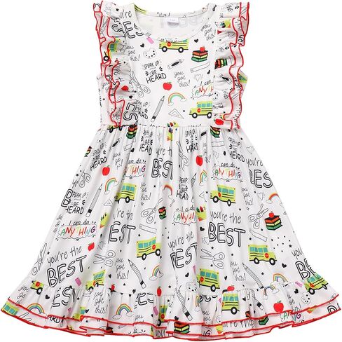 FYMNSI Kids Girls Back to School Dress Toddler Flutter Sleeve Round Neck Ruffle A-Line Princess Dress Summer Casual Dresses in Saudi Arabia