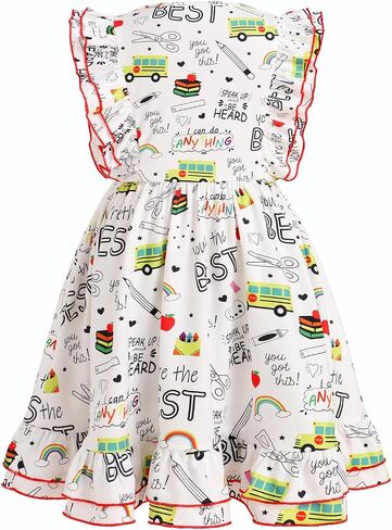 FYMNSI Kids Girls Back to School Dress Toddler Flutter Sleeve Round Neck Ruffle A-Line Princess Dress Summer Casual Dresses in Saudi Arabia
