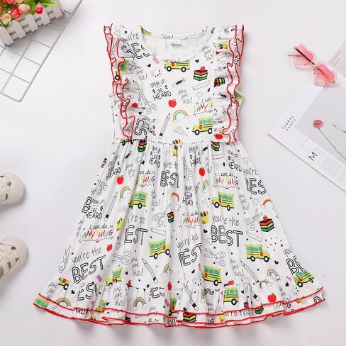 FYMNSI Kids Girls Back to School Dress Toddler Flutter Sleeve Round Neck Ruffle A-Line Princess Dress Summer Casual Dresses in Saudi Arabia