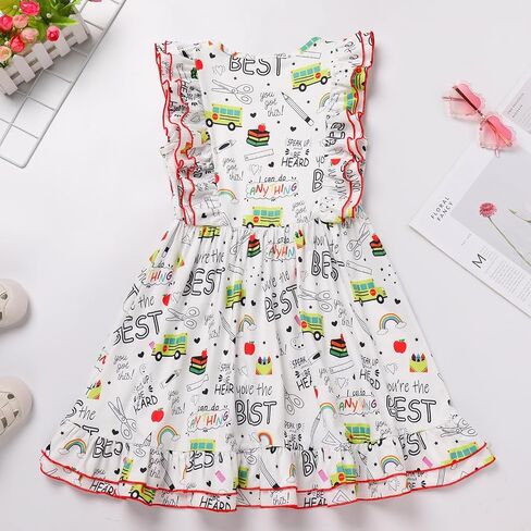 FYMNSI Kids Girls Back to School Dress Toddler Flutter Sleeve Round Neck Ruffle A-Line Princess Dress Summer Casual Dresses in Saudi Arabia
