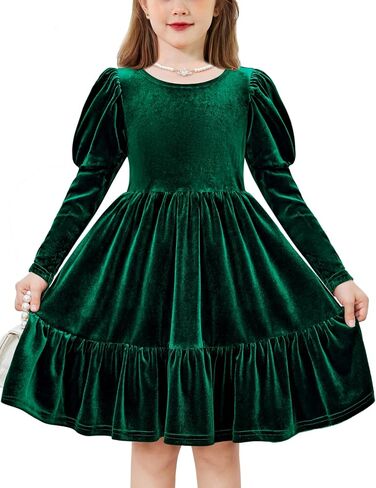 Arshiner Toddler Velvet Dress Girls Puff Long Sleeves Crew Neck Party Fall Winter Ruffle Dresses with Pockets 2-8Y in Saudi Arabia