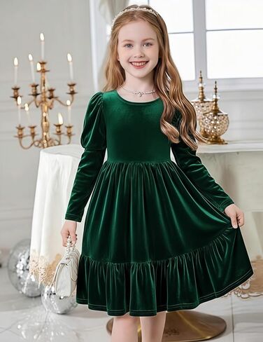 Arshiner Toddler Velvet Dress Girls Puff Long Sleeves Crew Neck Party Fall Winter Ruffle Dresses with Pockets 2-8Y in Saudi Arabia