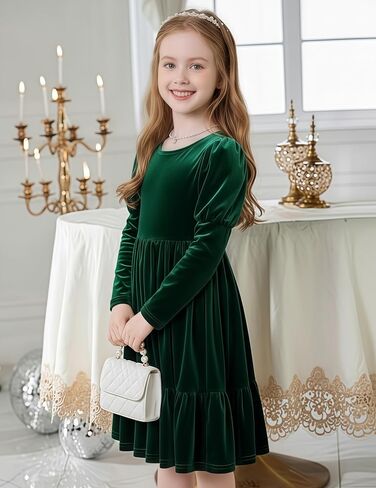 Arshiner Toddler Velvet Dress Girls Puff Long Sleeves Crew Neck Party Fall Winter Ruffle Dresses with Pockets 2-8Y in Saudi Arabia